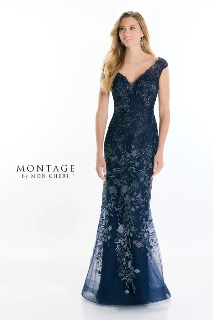 Montage by Mon Cheri M522 - Cap Sleeve V-Neck Evening Gown Mother of the Bride Dresses 4 / Navy