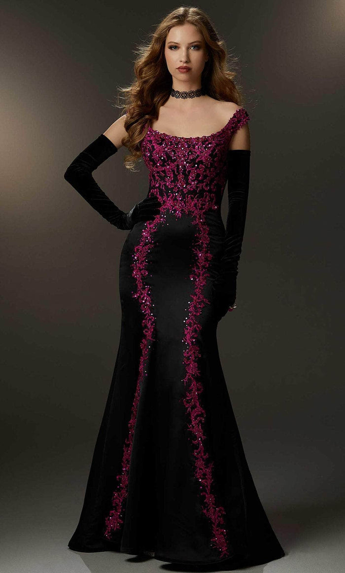 Mori Lee 48012 - Embroidered Off-Shoulder Gown Evening Dresses 00 / Black Fuchsia