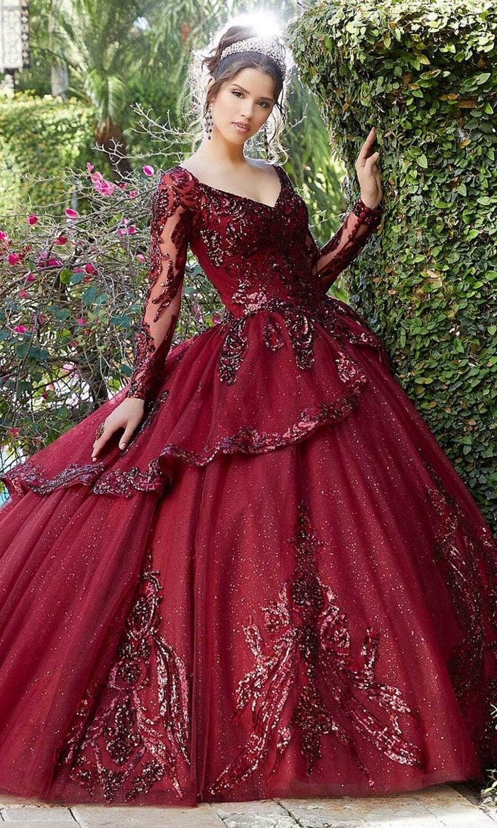 Mori Lee 60128 - Sequined Sheer Long Sleeve Ballgown Ball Gowns 00 / Sangria