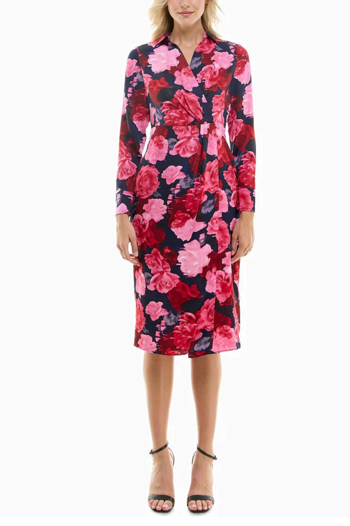 New Yorker's Apparel MD3F1420E - Floral Printed Long Sleeve Formal Dress Special Occasion Dress