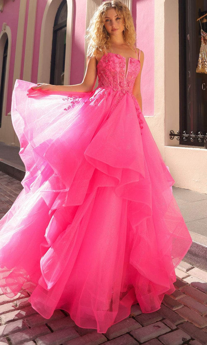 Nox Anabel H1351 - Tiered Ruffle Prom Dress Special Occasion Dress 0 / Hot Pink