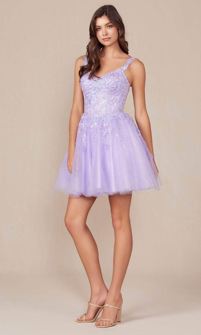 Nox Anabel H846 - V-Neck A-Line Cocktail Dress Cocktail Dresses 0 / Lilac