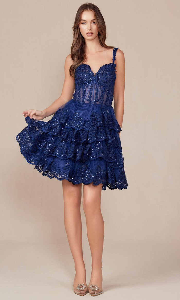 Nox Anabel R880 - Embroidered Sleeveless Cocktail Dress Homecoming Dresses 0 / Navy Blue