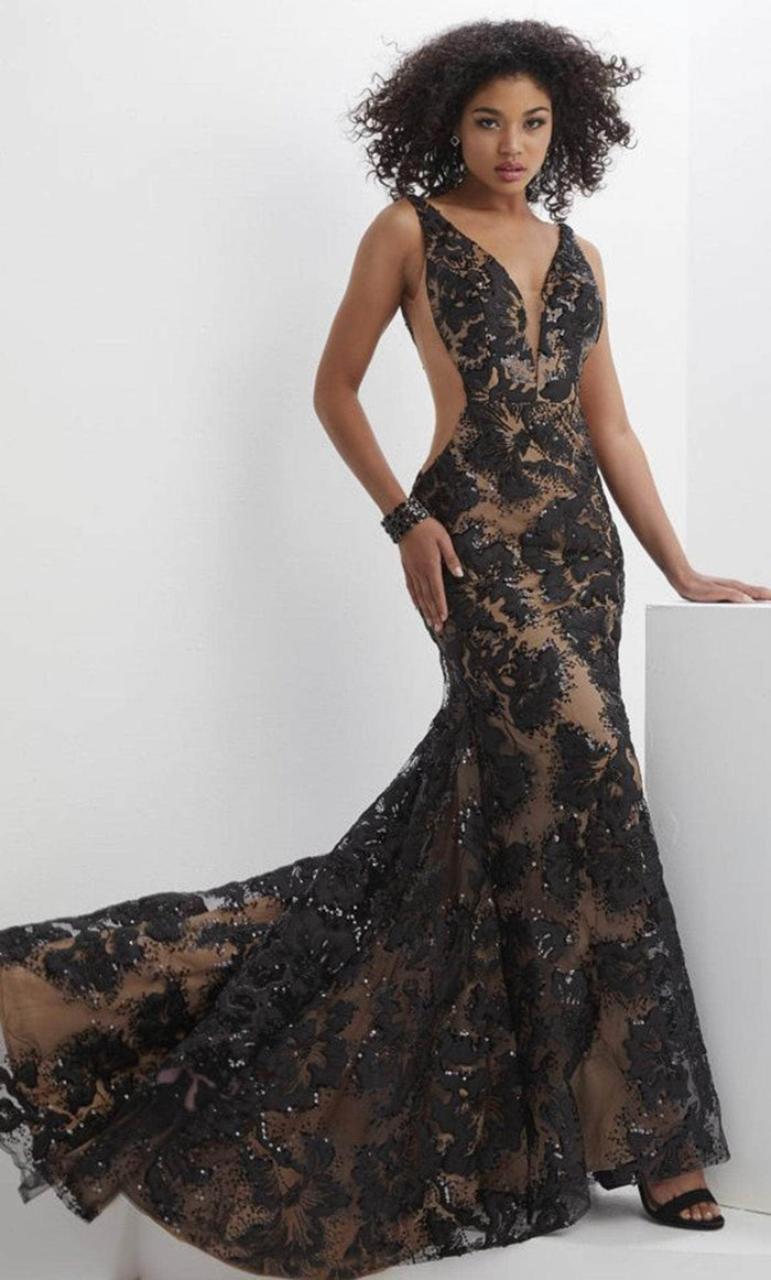 Panoply 14140 - Plunging V-Neck Sequin Evening Gown Evening Dresses 0 / Black