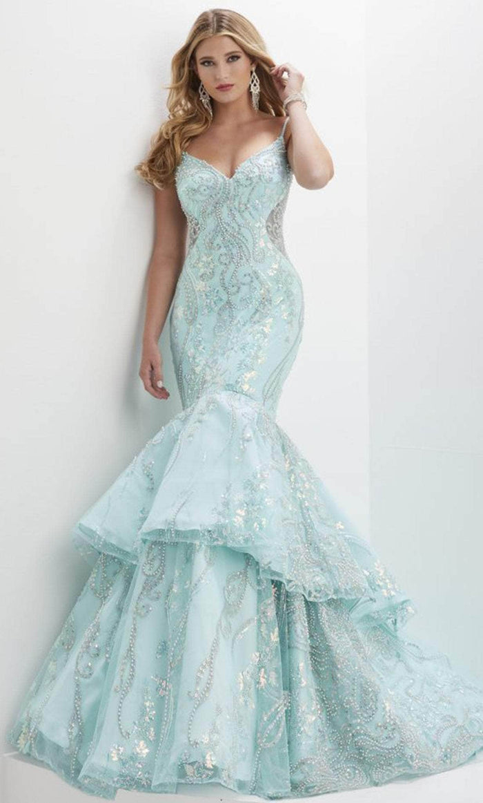 Panoply 14150 - V-Neck Tiered Mermaid Evening Gown Evening Dresses 0 / Aqua