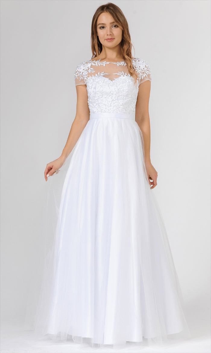 Poly USA 7482 - Embroidered Illusion Short Sleeve Bridal Gown Wedding Dresses XS / White