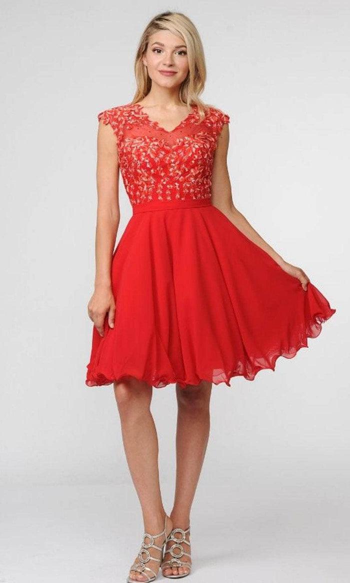 Poly USA 8094 - Embroidered Scoop Neck Cocktail Dress Prom Dresses XS / Red