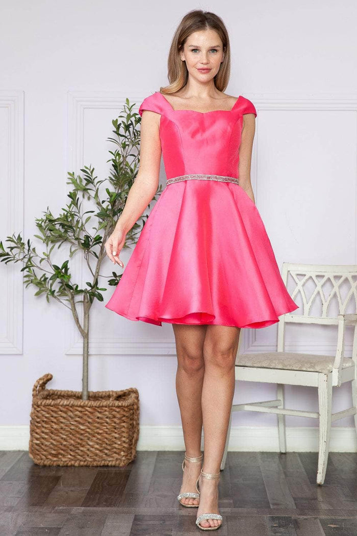 Poly USA - 8416 Cap Sleeve Embellished Waist Short Dress Cocktail Dresses XS / Hot Pink