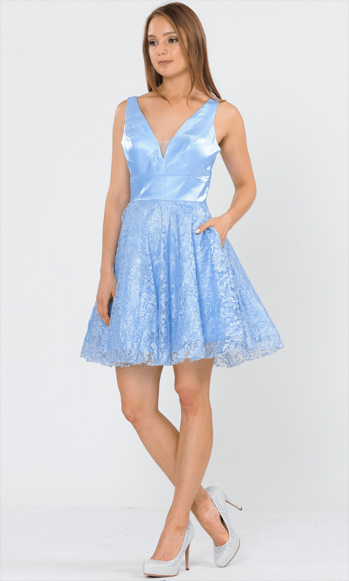 Poly USA 8418 - V-Neck A-Line Cocktail Dress Cocktail Dresses XS / Blue