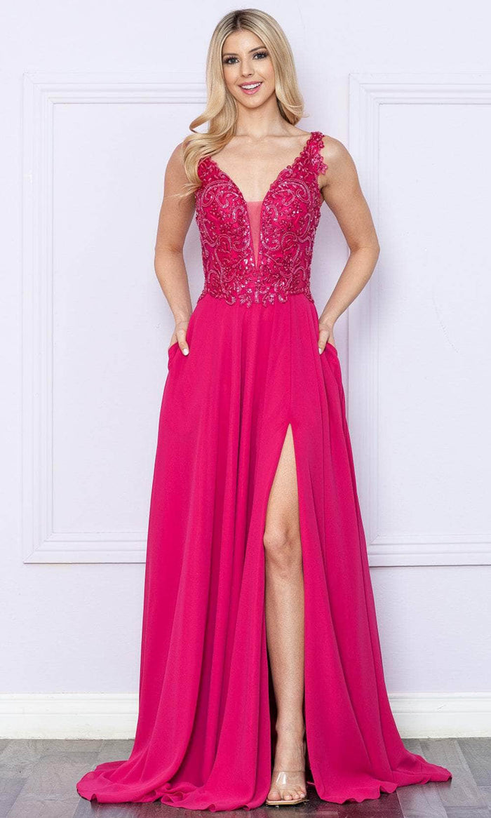 Poly USA 9366 - Sequin Embroidered V-Neck Prom Dress Prom Dresses XS / Magenta