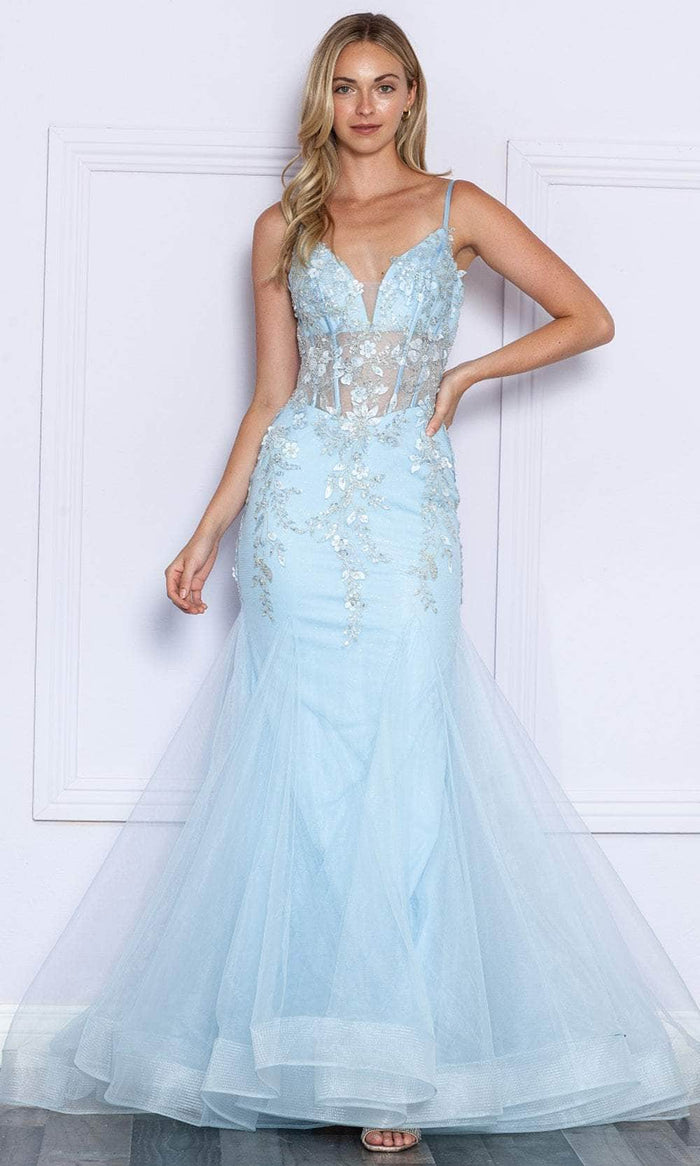 Poly USA 9374 - Appliqued See-through Corset Prom Dress Prom Dresses XS / Blue