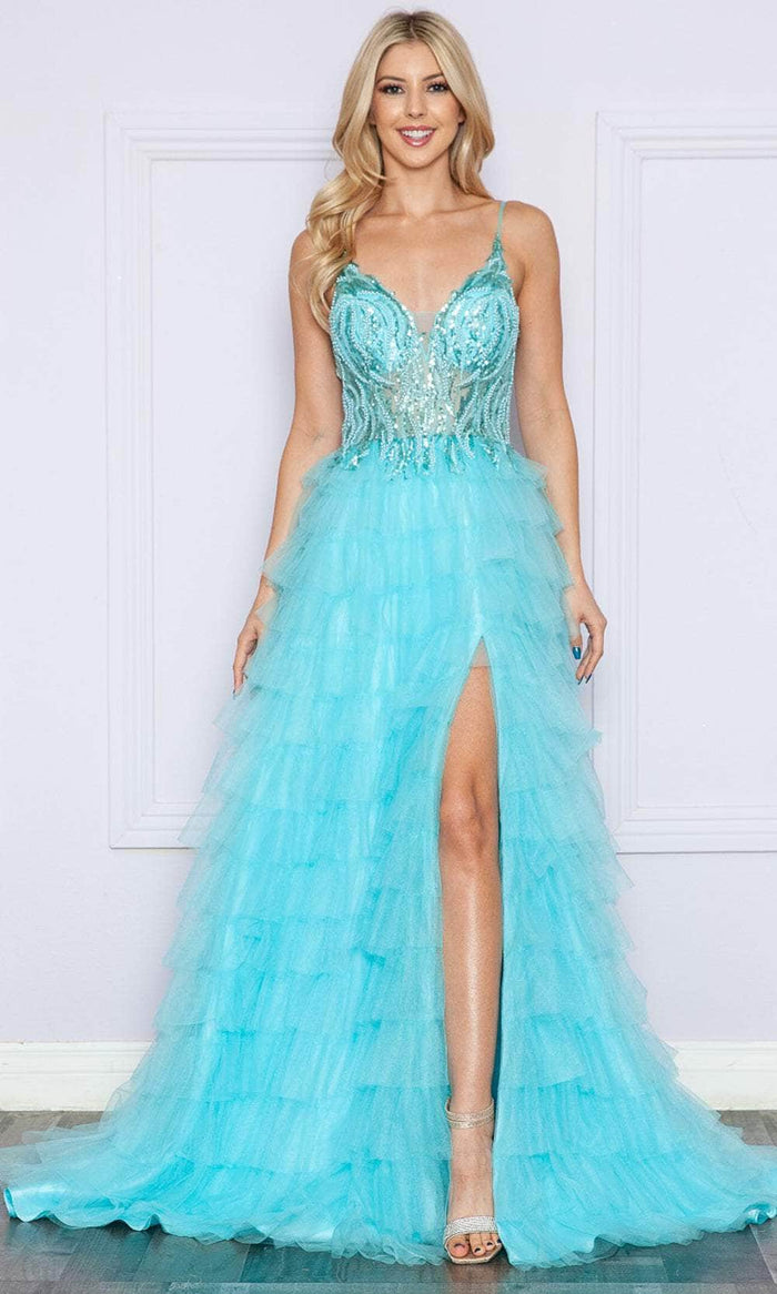 Poly USA 9408 - Sequined Illusion Bodice Prom Dress Prom Dresses XS / Aqua