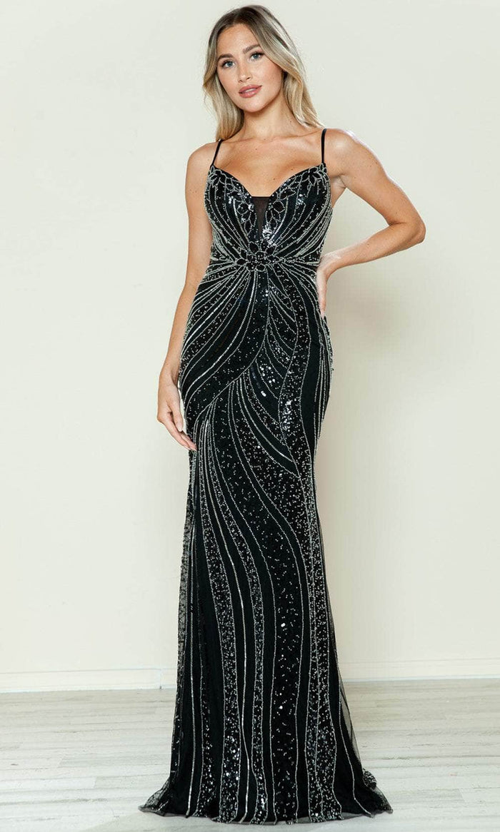 Poly USA 9510 - Beaded Sleeveless V-Neck Prom Gown Evening Dresses XS / Black/Silver