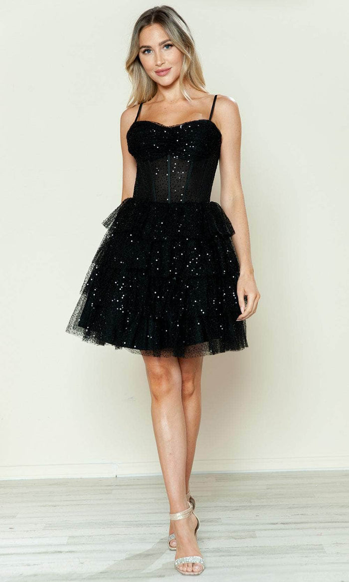 Poly USA 9586 - Embellished Tiered A-Line Cocktail Dress Cocktail Dresses XS / Black