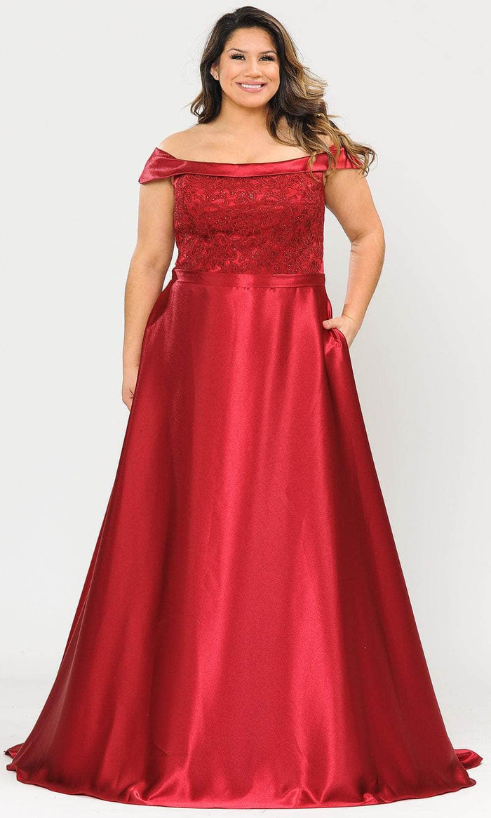 Poly USA W1064 - Off Shoulder Embroidered Plus Prom Dress Prom Dresses 14W / Red