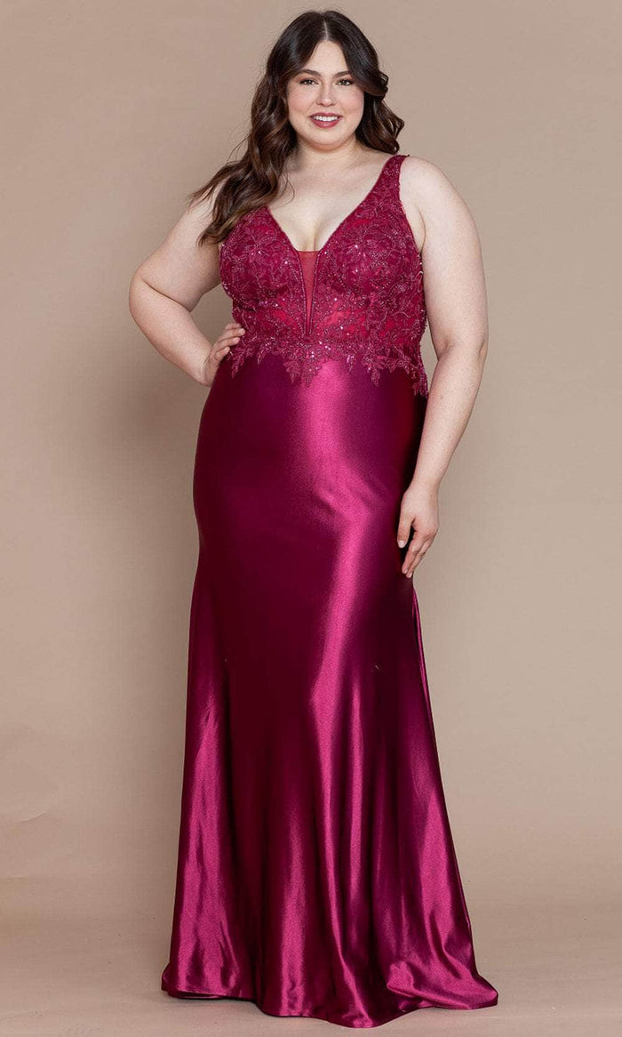 Poly USA W1160 - Embroidered Bodice Plus Prom Dress Prom Dresses 14W / Cherry Red