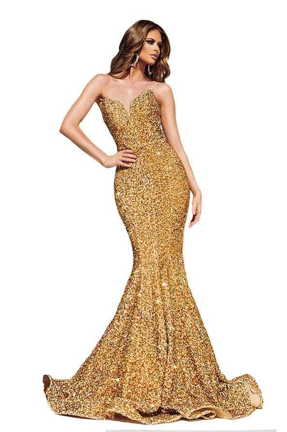 Portia and Scarlett - PS21208 Strapless Velvet Sequin Evening Gown Prom Dresses 00 / Gold