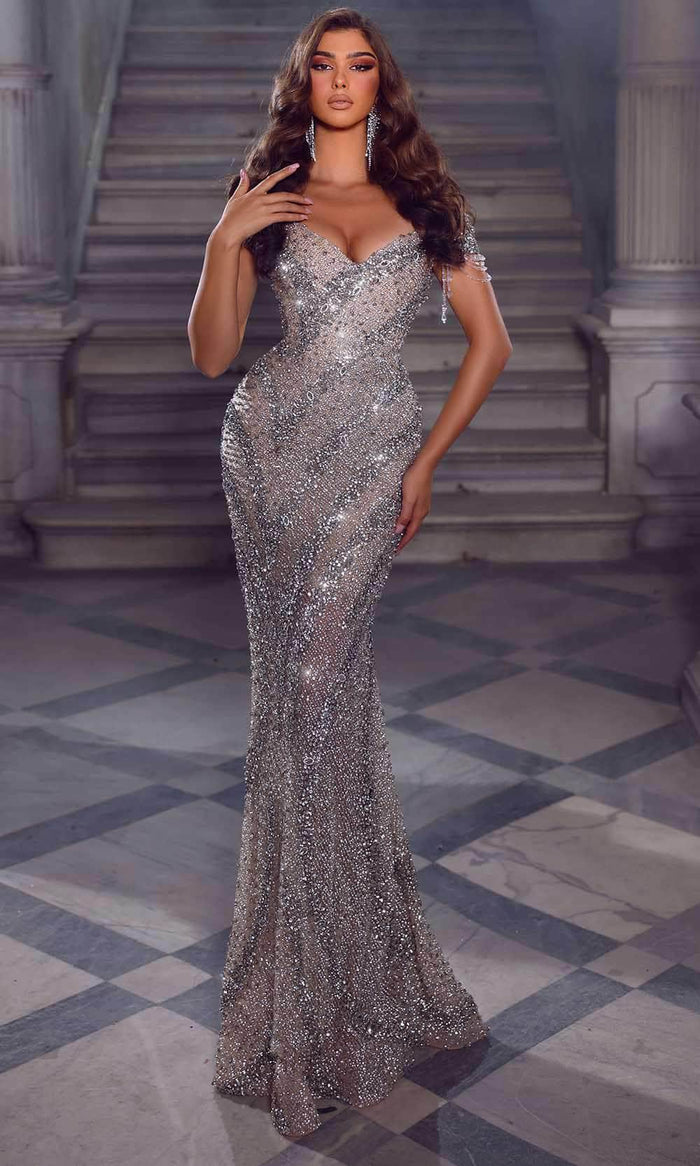 Portia and Scarlett PS23747C - Off Shoulder Beaded Evening Gown Special Occasion Dress 00 / Silver Nude