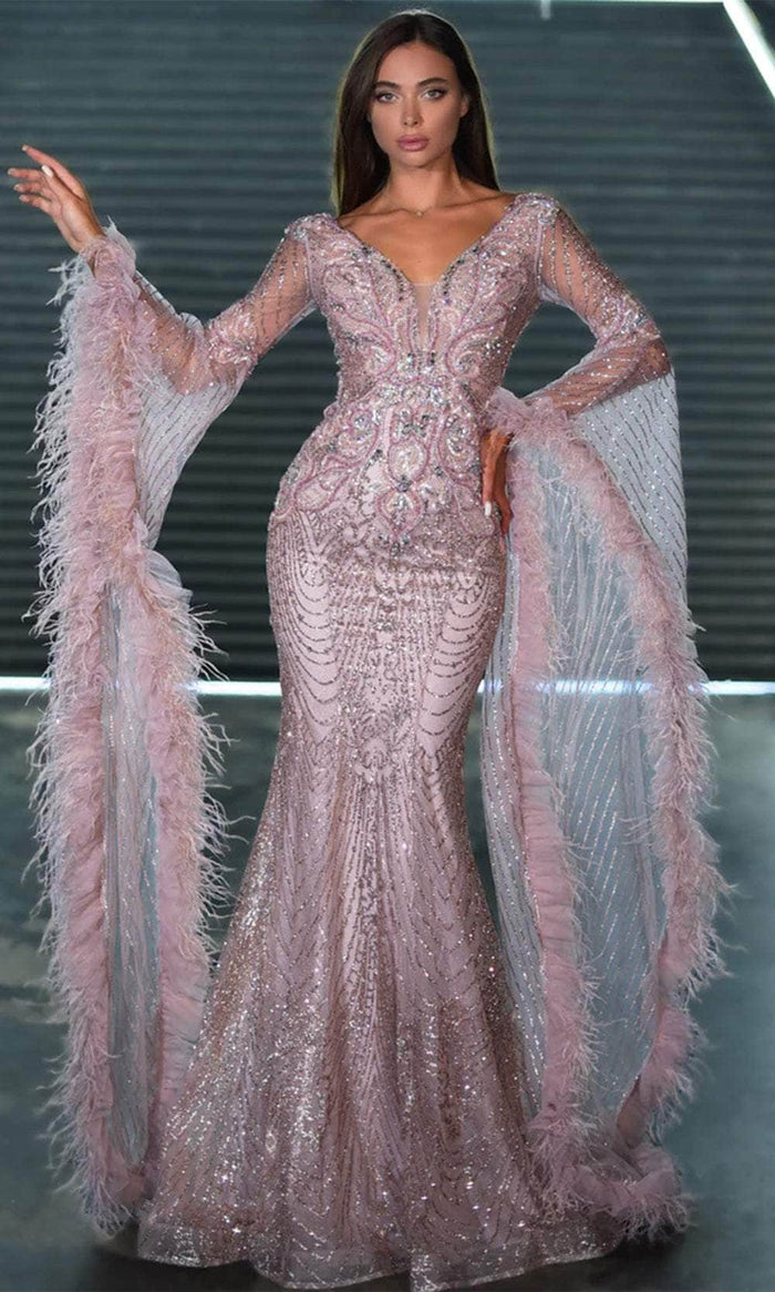 Portia and Scarlett PS24938E - Long Sleeve Beaded Evening Gown Evening Dresses 00 / Rose Gold