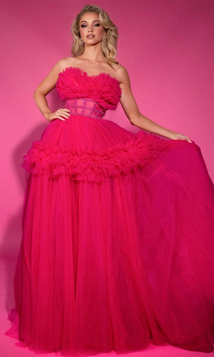 Portia and Scarlett PS25305 - Ruffle Detailed Strapless Ballgown Ball Gowns 00 / Hot Pink