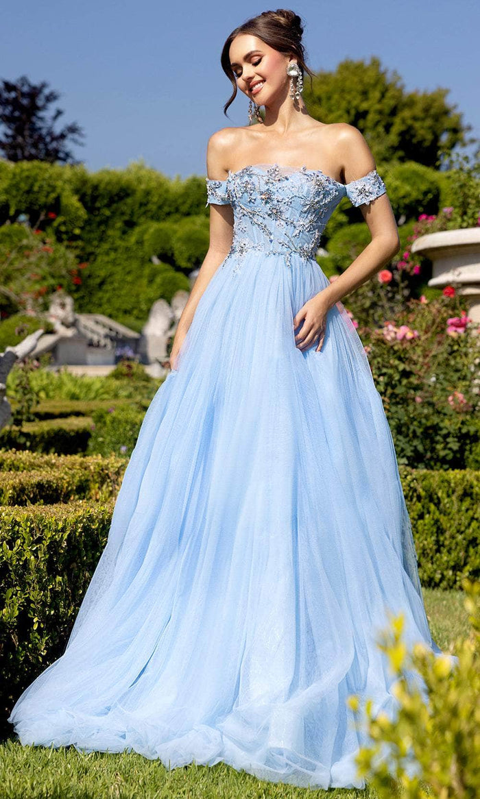 Portia and Scarlett PS25309 - Off-Shoulder Bead Embellished Ballgown Special Occasion Dress 00 / Light-Blue