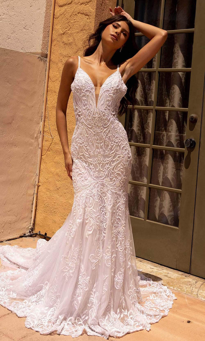 Primavera Bridal 11105 - Embroidered Plunging Neck Bridal Dress Bridal Dresses 0 / Ivory