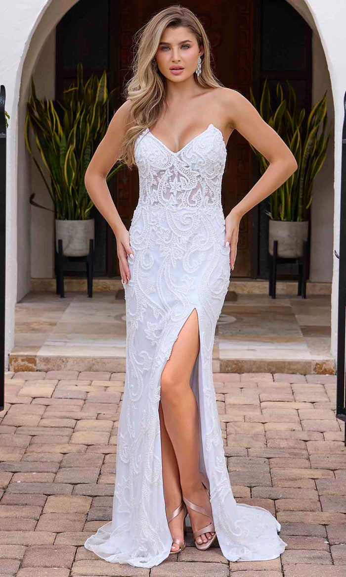 Primavera Couture 11145 - Beaded Sheer Corset V-Neck Evening Gown Wedding Dresses 0 / Ivory