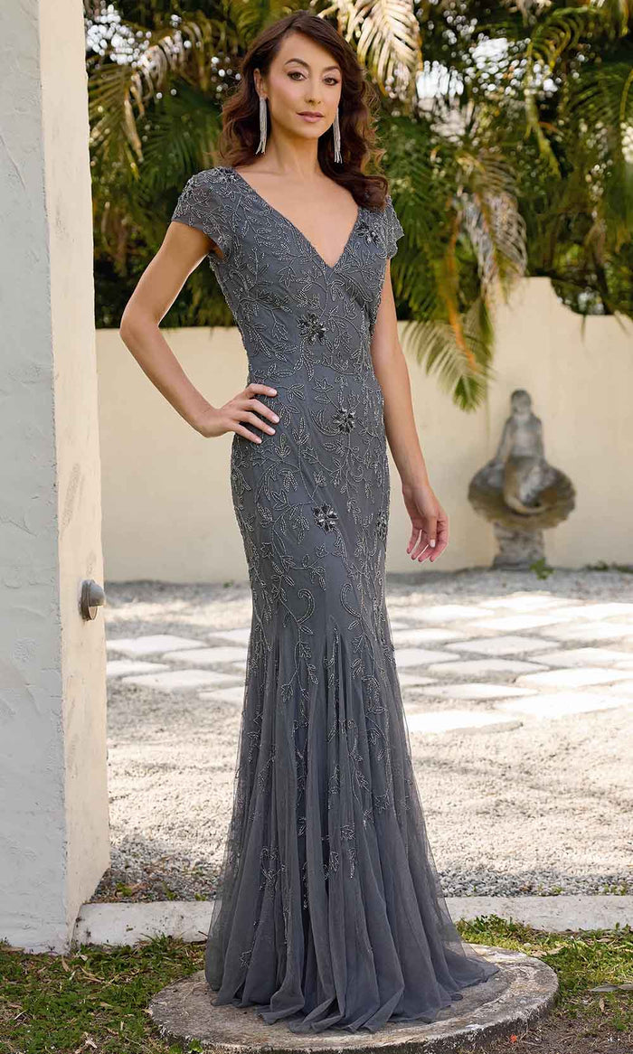 Primavera Couture 13133 - Short Sleeve Embellished Evening Dress Mother of the Bride Dresses 4 / Charcoal