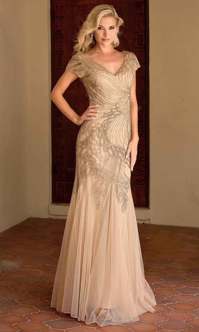 Primavera Couture 13148 - V-Neck Beaded Short Sleeve Evening Gown Mother of the Bride Dresses 4 / Caramel