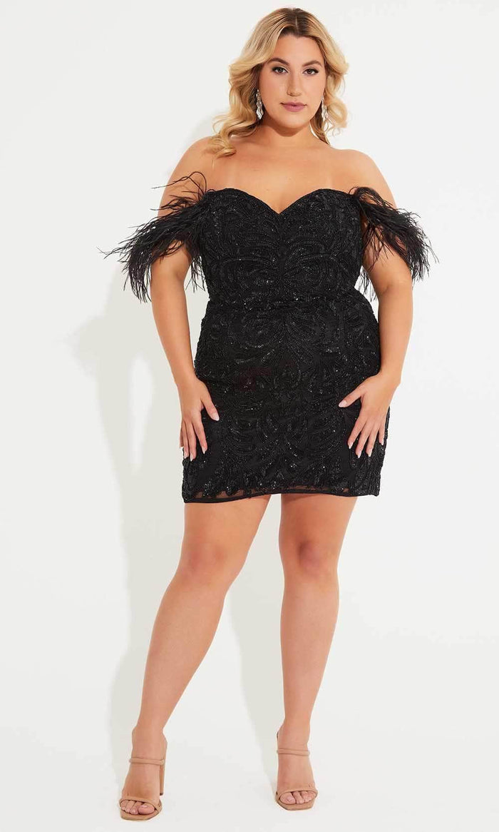 Primavera Couture 14062 - Feather Detailed Off-Shoulder Cocktail Dress Special Occasion Dress 14W / Black