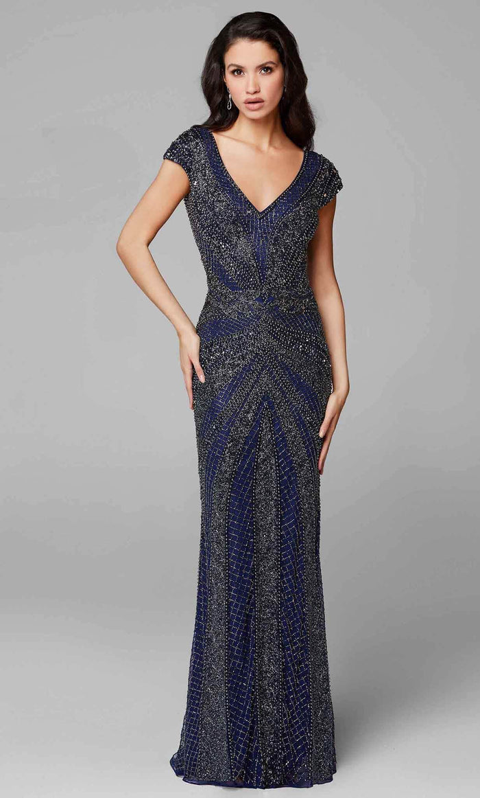 Primavera Couture 3674 - Embellished Deep V-Neck Evening Gown Mother Of The Bride Dresses 12 / Midnight