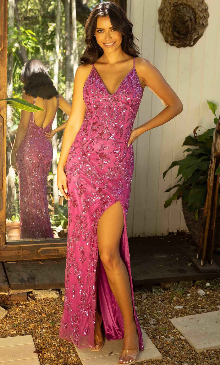 Primavera Couture 3913 - Sequin Ornate Prom Dress Prom Dresses 000 / Fushia