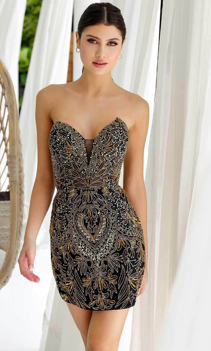 Primavera Couture 4226 - Plunging Neckline Beaded Cocktail Dress Special Occasion Dress 00 / Black Gold