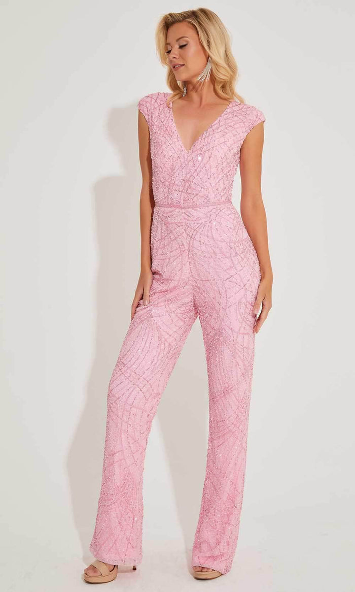 Primavera Couture 4275 - Beaded V-Neck Jumpsuit Special Occasion Dress 00 / Pink