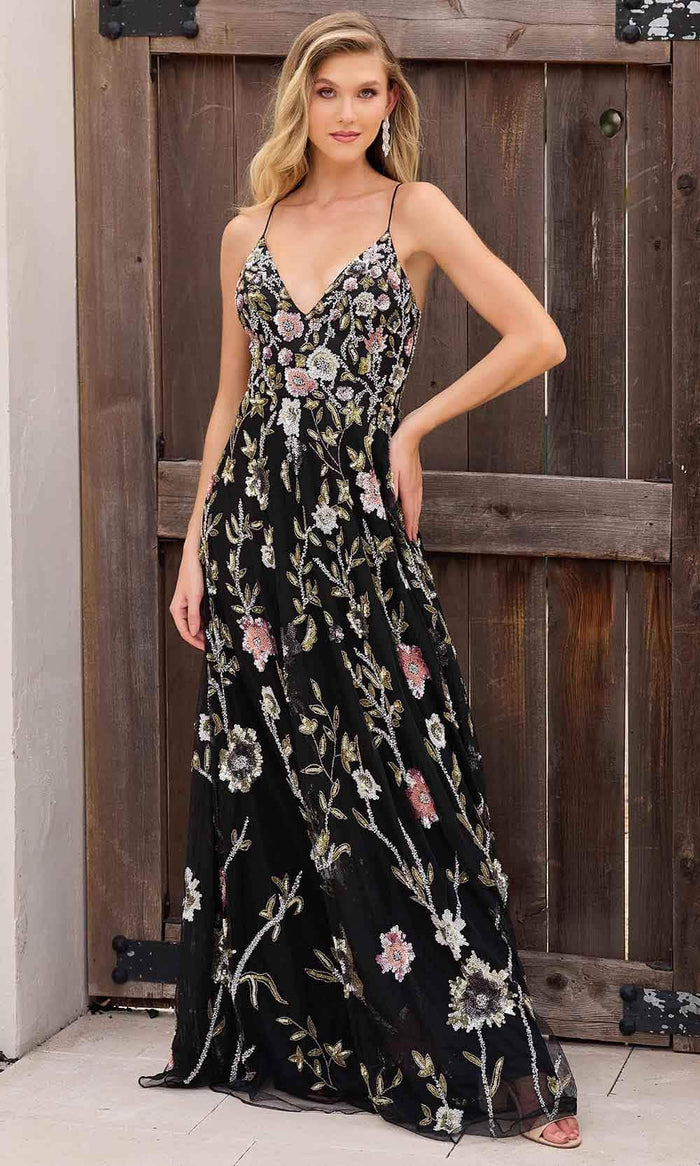 Primavera Couture 4378 - V-Neck Floral Sequin Prom Gown Prom Dresses 000 / Black