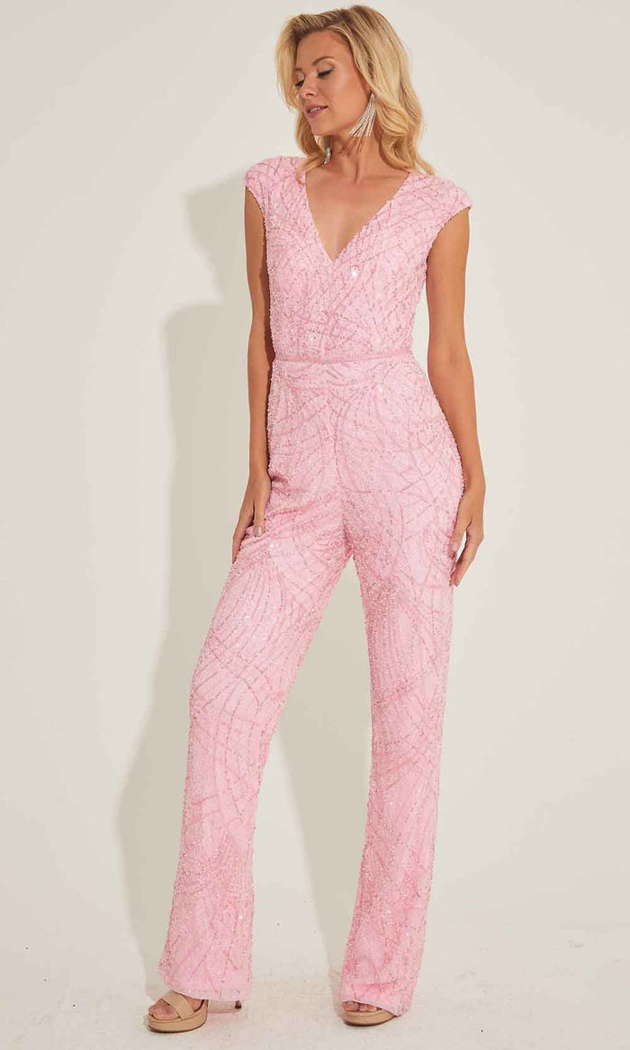 Primavera Couture 4384 - V-Neck Beaded Jumpsuit Formal Pantsuits 000 / Pink