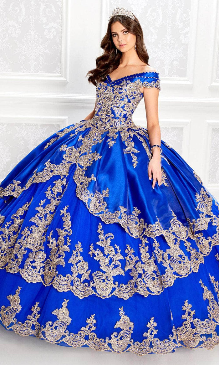 Princesa by Ariana Vara PR22029 - Off-Shoulder Brushed Satin Ball Gown Quinceanera Dresses 00 / Royal/Gold