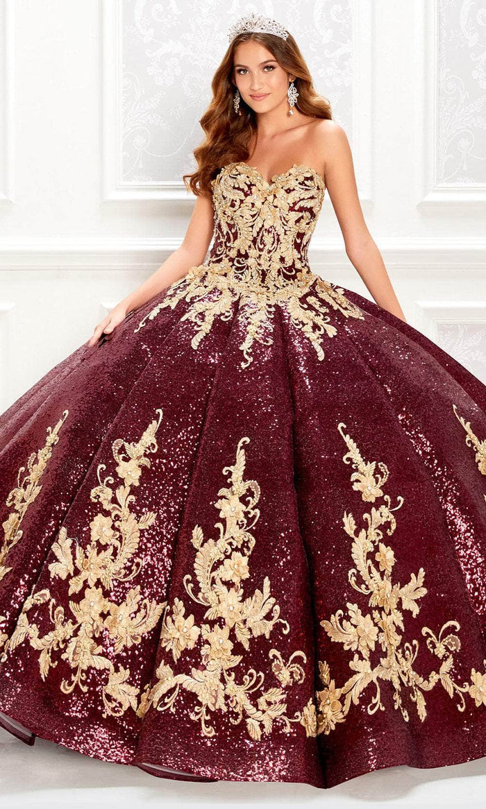 Princesa by Ariana Vara PR22030 - Strapless Novelty Sequin Ball Gown Quinceanera Dresses 00 / Wine/Gold