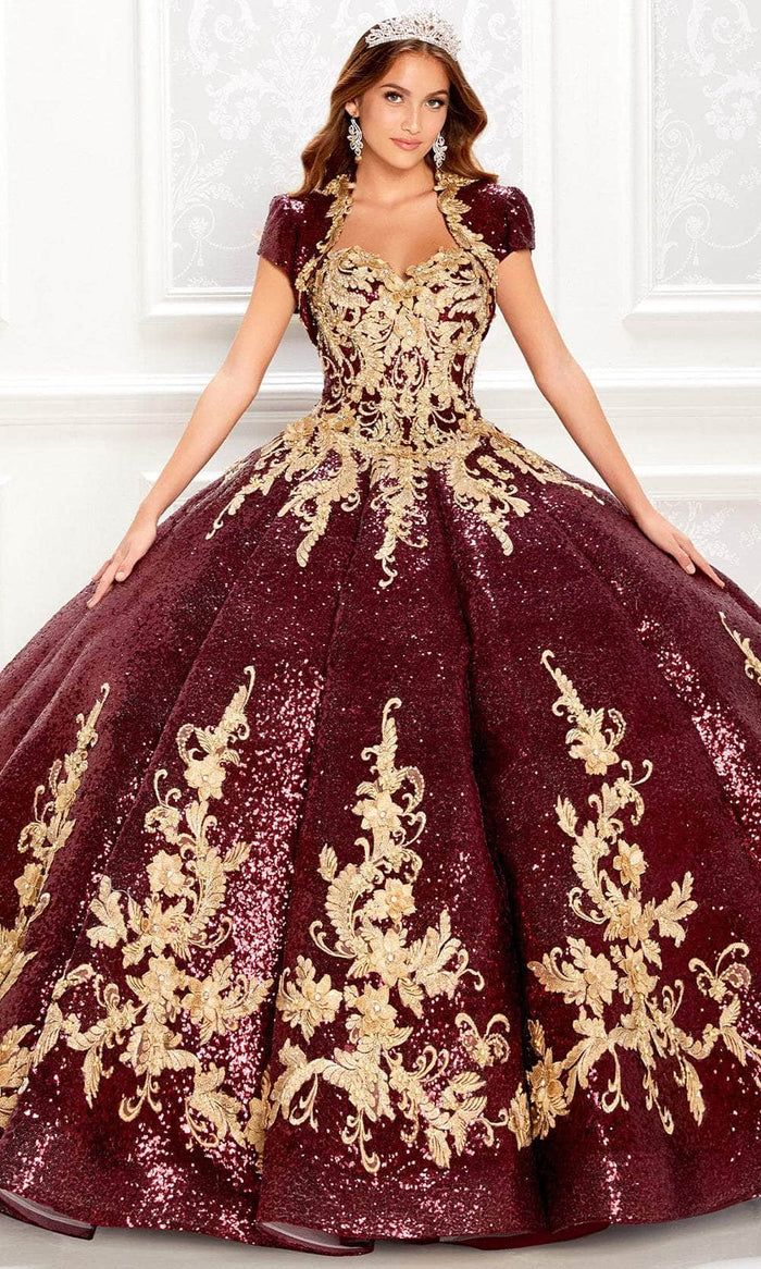 Princesa by Ariana Vara PR22030 - Strapless Novelty Sequin Ball Gown Quinceanera Dresses 00 / Wine/Gold