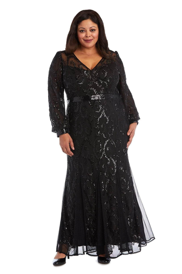 R&M Richards 5649W - V-Neck Swirl Sequin Evening Gown Special Occasion Dress 20W / Black