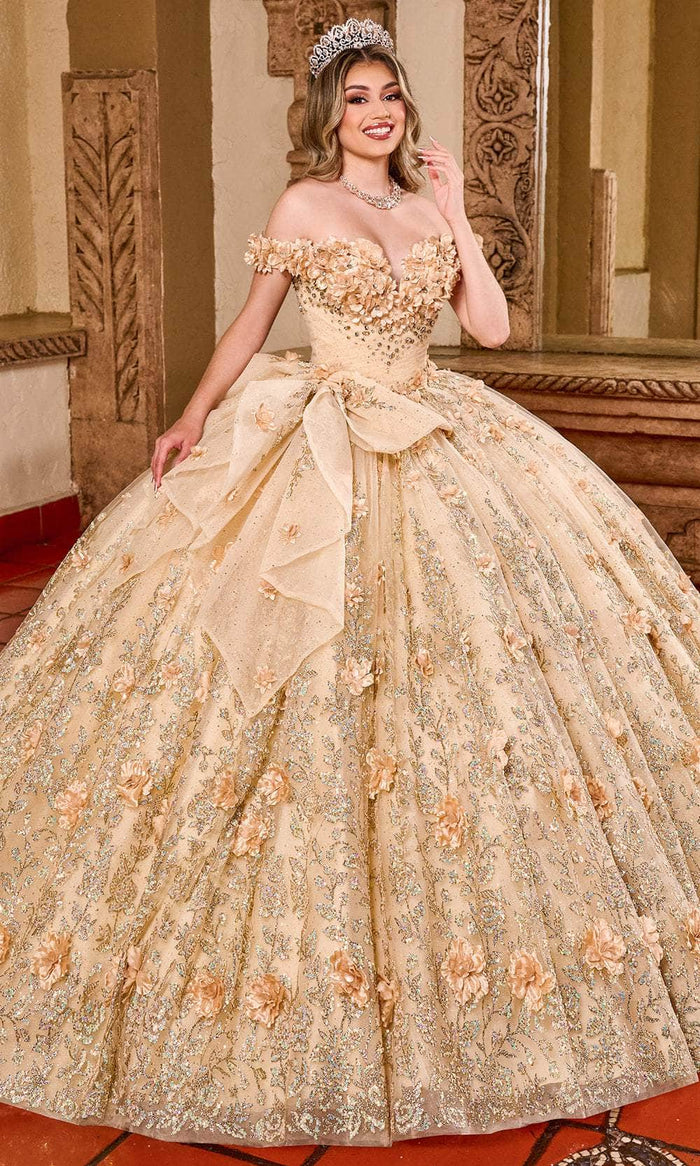 Rachel Allan Bridal RQ1141 - Floral Appliqued Off Shoulder Ballgown Special Occasion Dress 0 / Champagne Gold