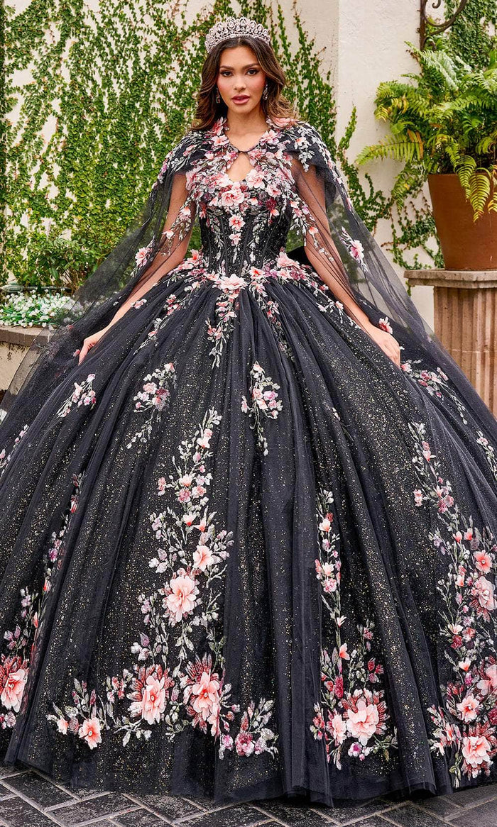 Rachel Allan Bridal RQ3132 - Floral Appliqued Sleeveless Ballgown Special Occasion Dress 0 / Black Multi