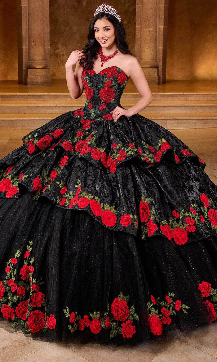 Rachel Allan Bridal RQ5006 - Floral Strapless Layered Ballgown Special Occasion Dress 0 / Black Red