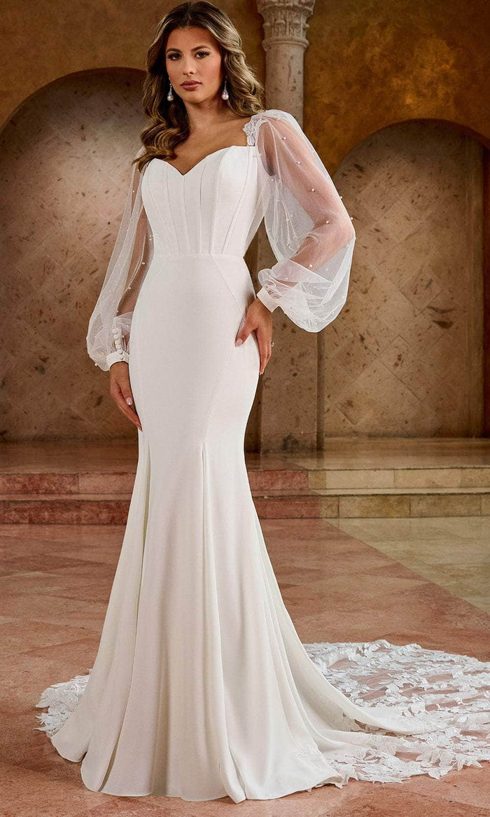 Rachel Allan RB5061 - Pearl-Accented Bishop Sleeve Bridal Gown Mother of the Bride Dresses 0 / Ivory