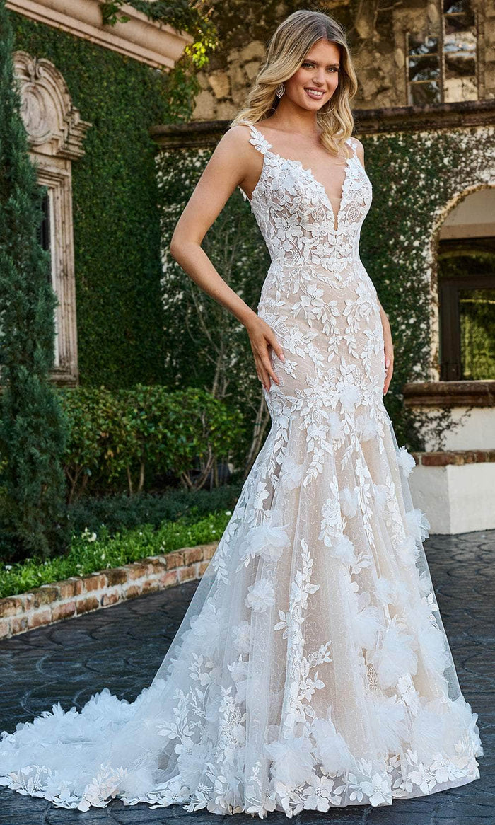 Rachel Allan RB5063 - 3D Floral Appliqued Trumpet Bridal Gown Bridal Dresses 0 / Ivory Nude