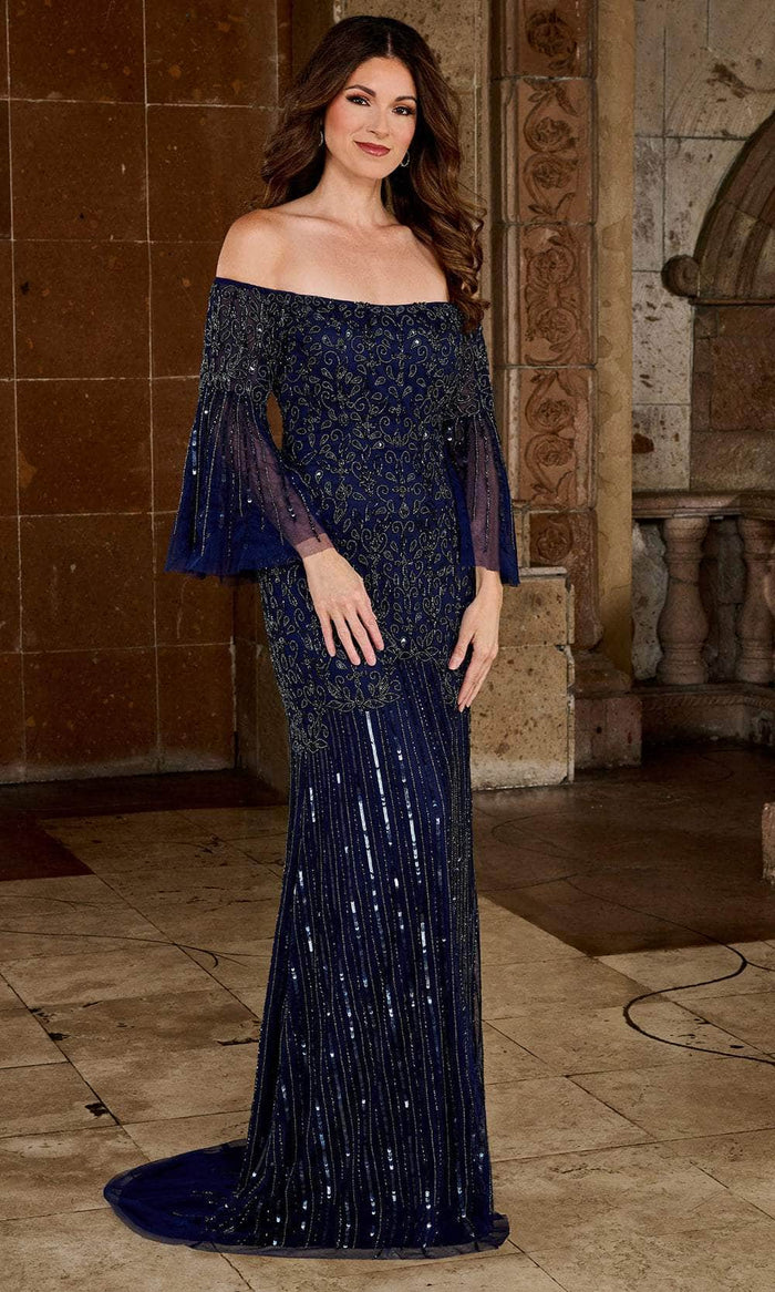 Rachel Allan RB8134 - Beaded Off-Shoulder Evening Dress Evening Dresses 0 / Navy Gunmetal