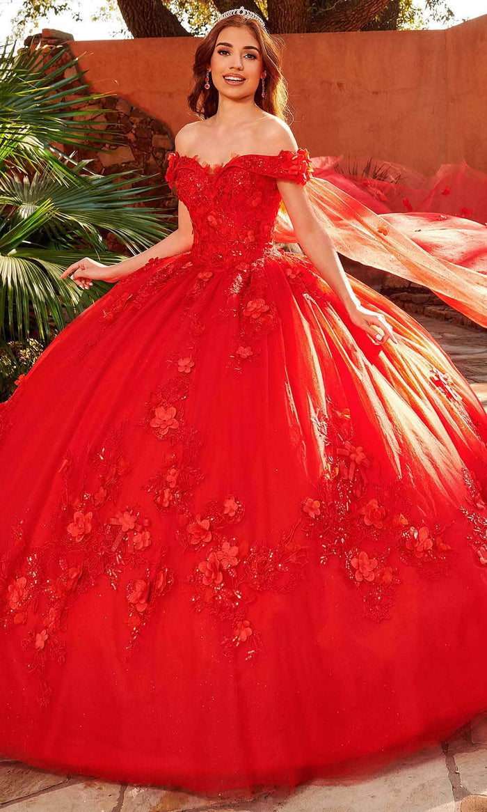 Rachel Allan RQ2160 - Embellished Off-Shoulder Ballgown Prom Dresses 0 / Red