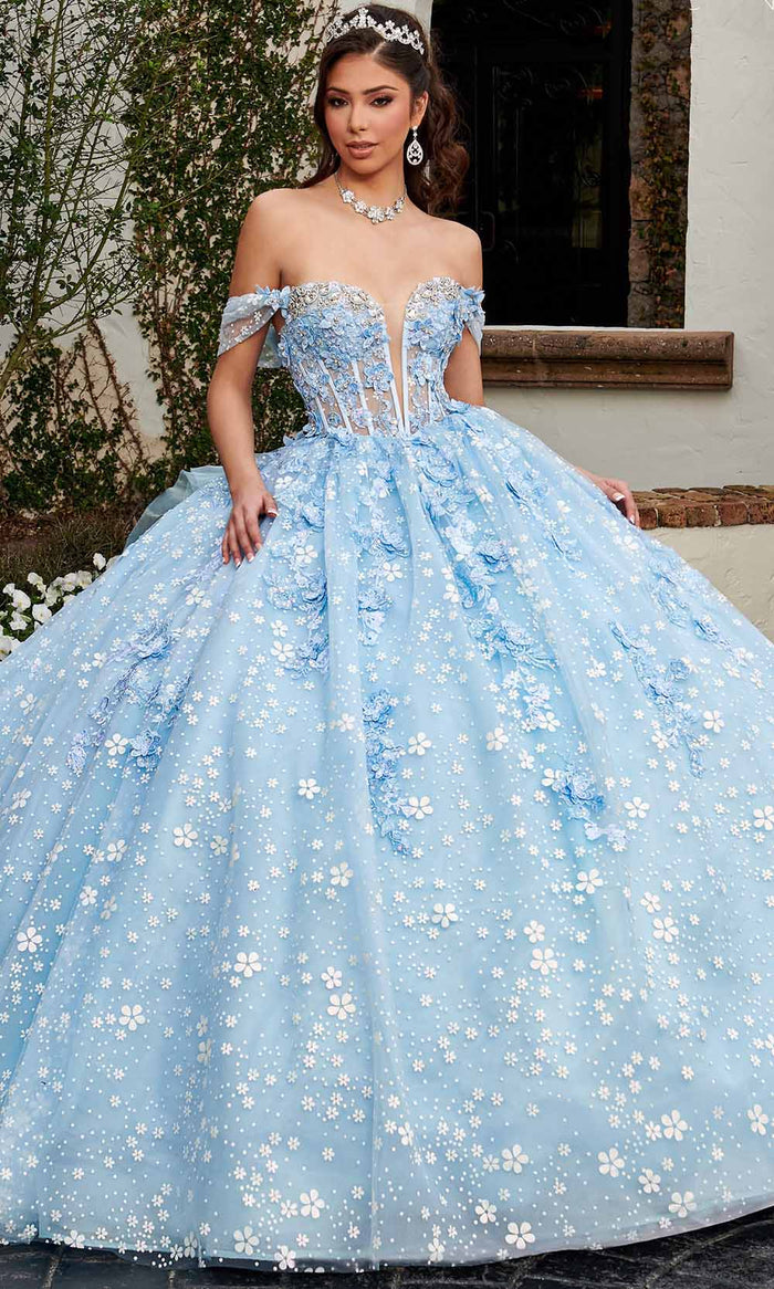 Rachel Allan RQ3122 - Plunging Ruffled Back Ballgown Ball Gowns 0 / Light Blue