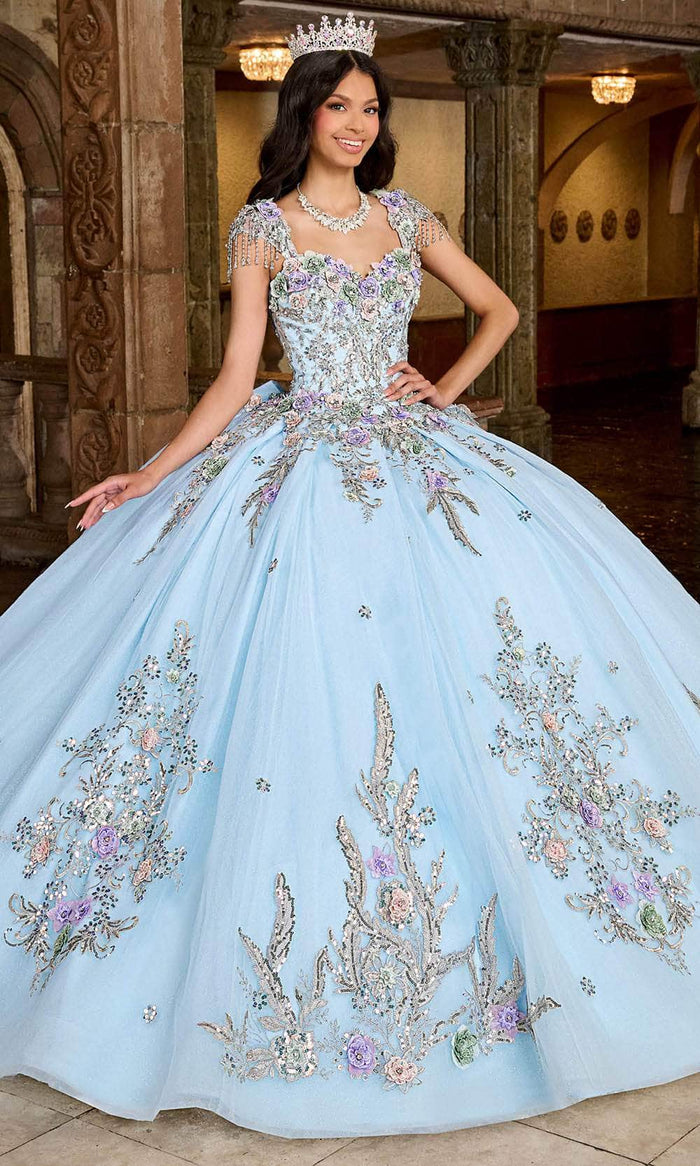 Rachel Allan RQ3126 - Sweetheart Neck 3D Floral Embellished Ballgown Ball Gowns 0 / Light Blue Silver Multi