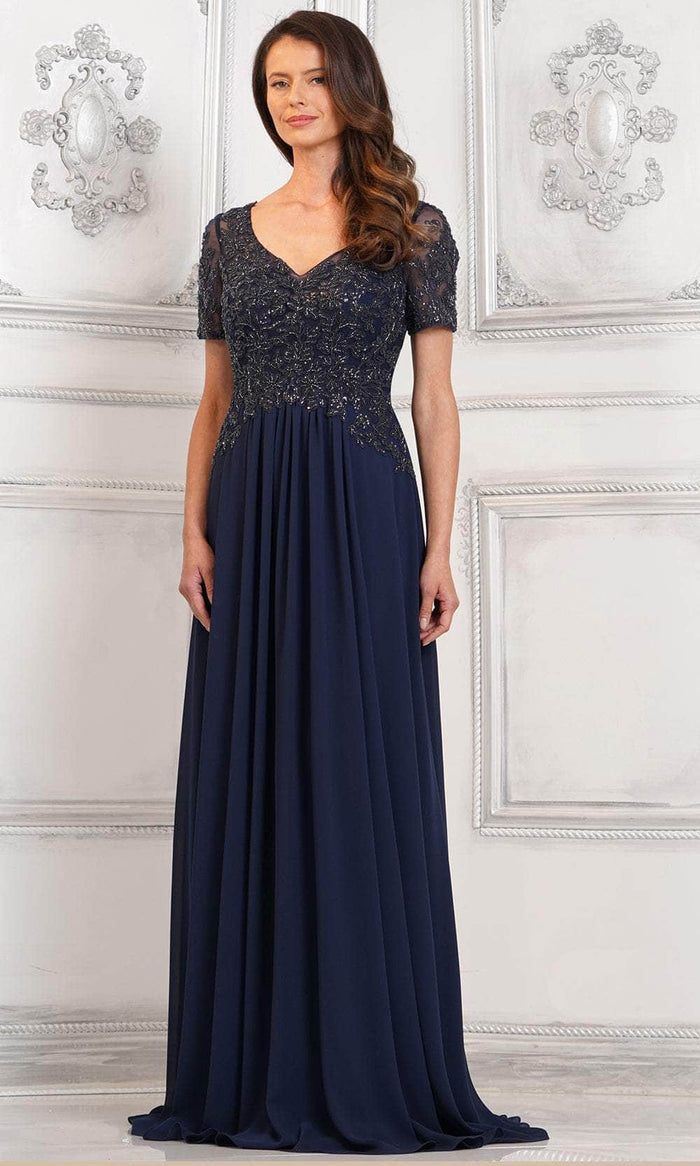 Rina di Montella RD2940 - Beaded Appliqued V-Neck Formal Gown Special Occasion Dress 6 / Navy